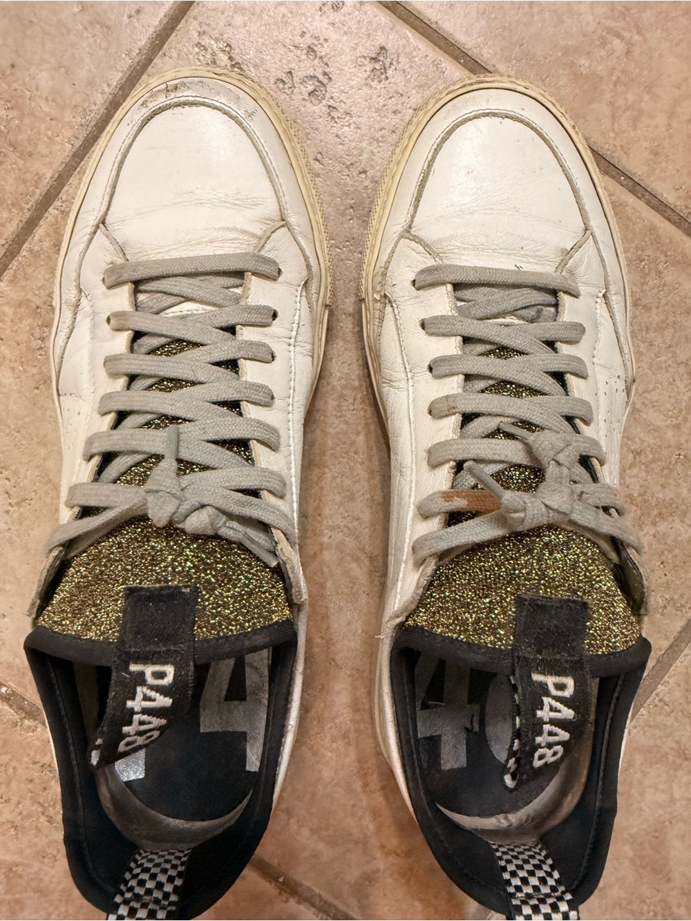 P448 White Leather Sneakers with Gold Glitter Tongue and Gray Accents